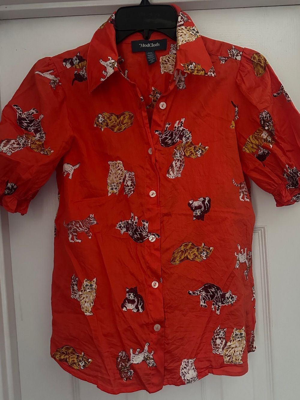 ModCloth Orange Button-Up Shirt Kitty Cats Print